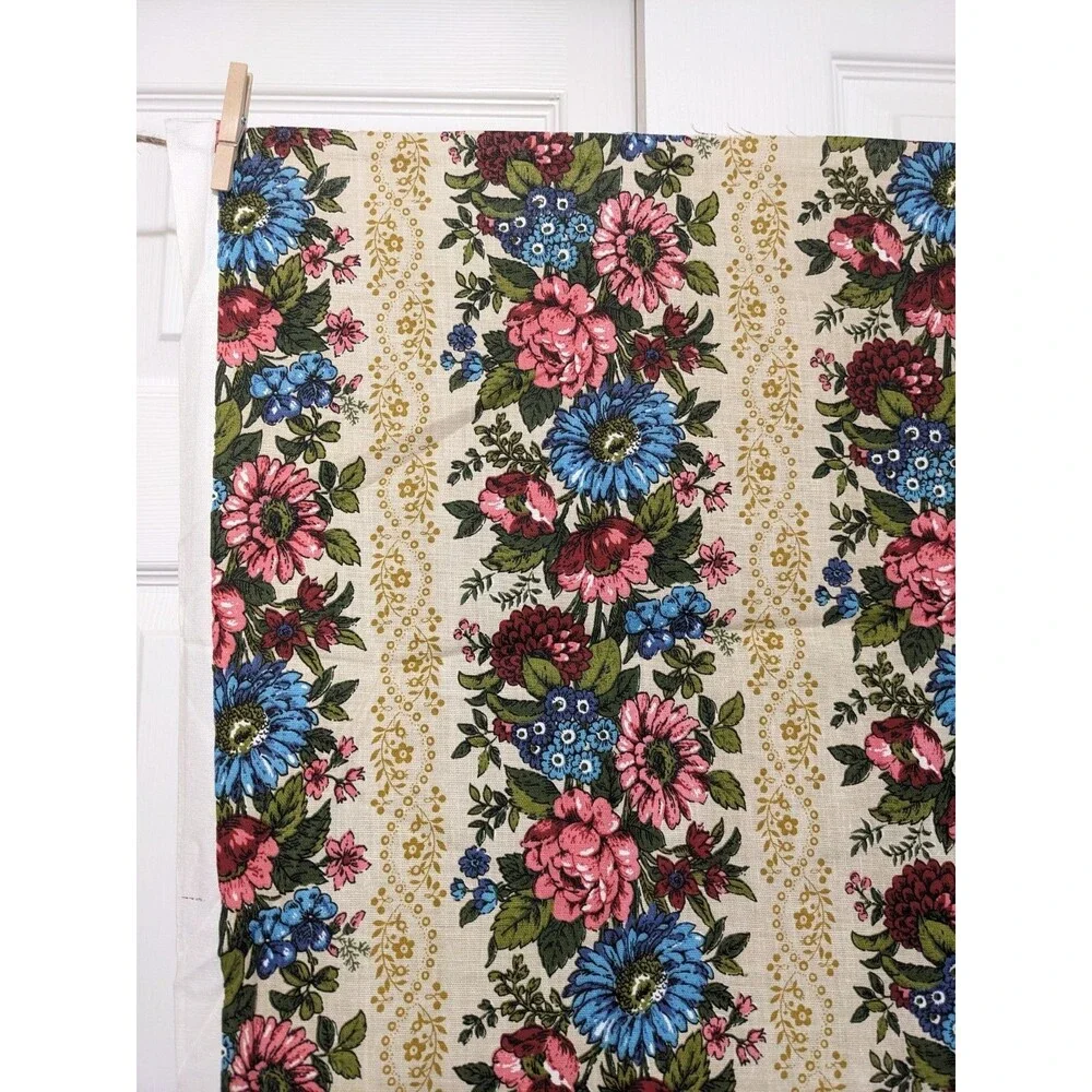 Vintage Mid-Century Floral Stripe Fabric Remnant 46